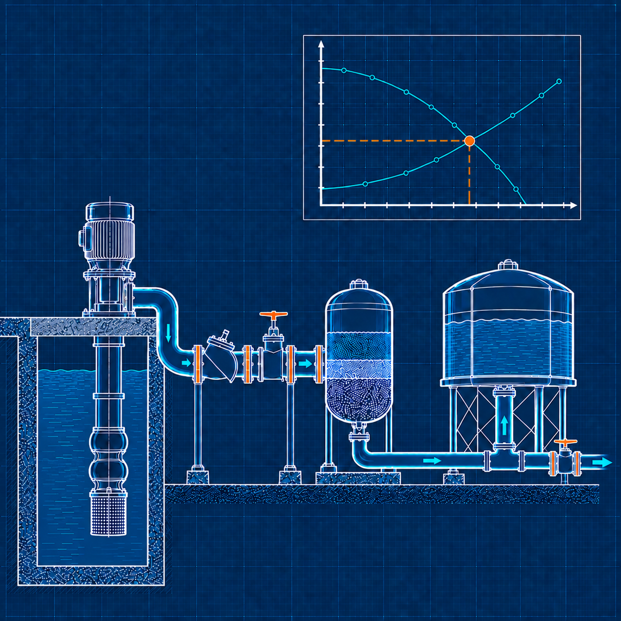 Blueprint illustration of a municipal water system from vertical turbine pumping through filtration, storage, and distribution